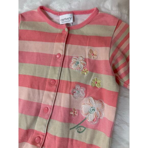 Vintage 90s Y2K Carter’s Classics Pink Striped Embroidered Footie Pajama 6-9 Mos - Picture 2 of 6